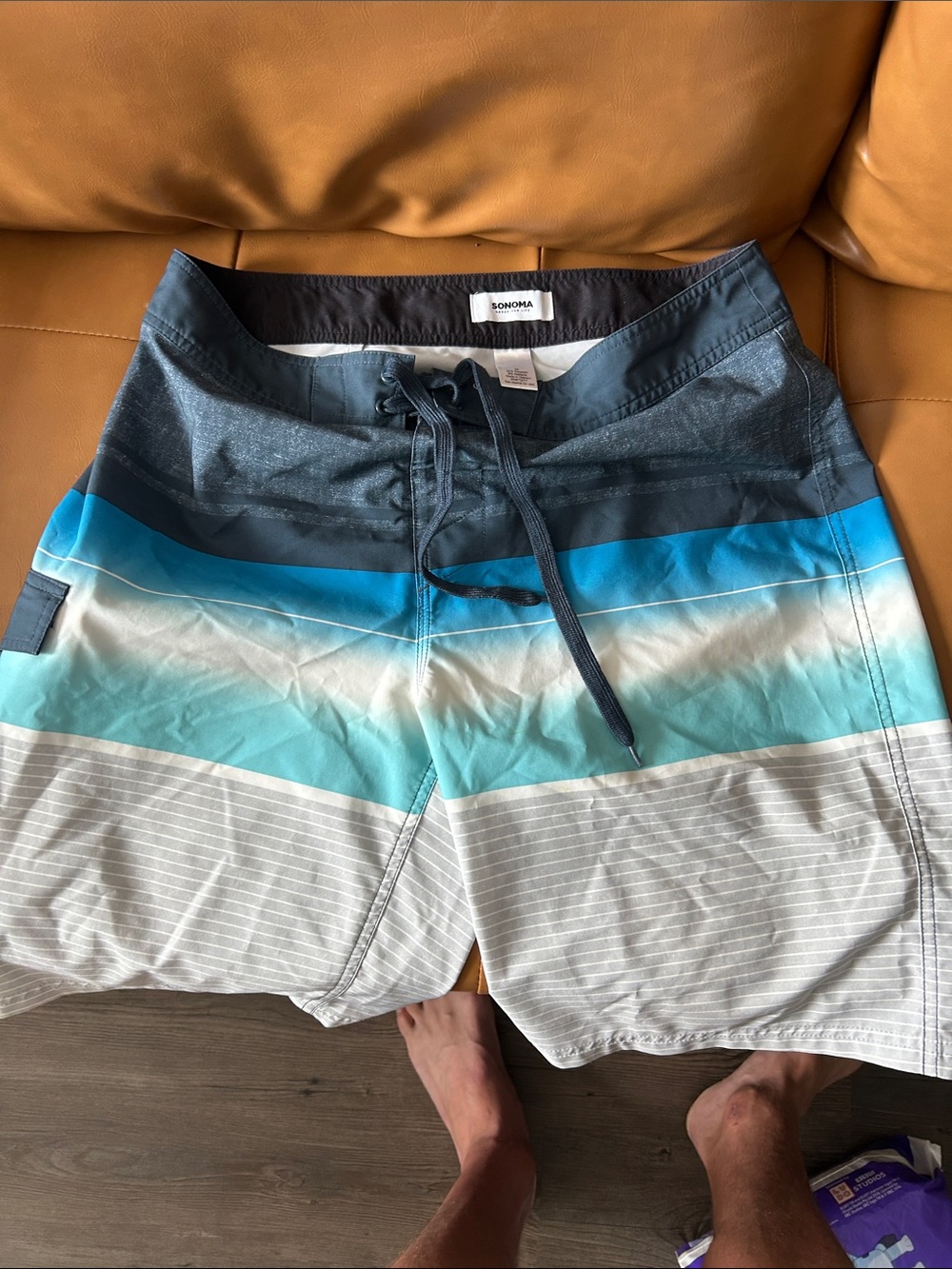 Sonoma Navy and Aqua Ombre Stripe Men’s Swim Shorts